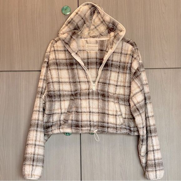 Aeropostale Plaid Pullover Hoodie Sherpa-Style Zip Front Cream Brown Medium - Picture 1 of 7